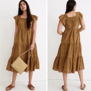 Madewell Size 2X Ruffle-Sleeve Tiered Midi Dress in Daisy Stitch Brown Plus Size